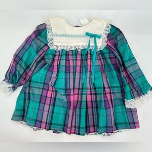 Vintage Bryan Holiday Plaid Baby Dress with Lace Trim Size 3-6 Month